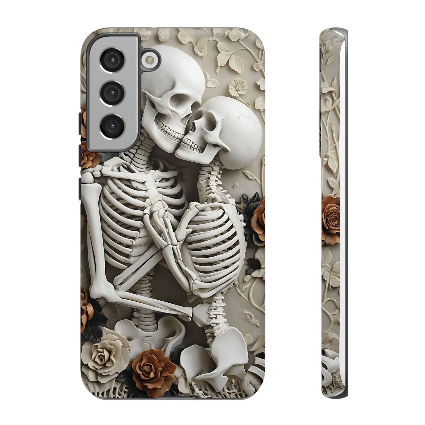 Surreal Bas-Relief Sculpture of Embracing Skeletons with Flowers phone case design.