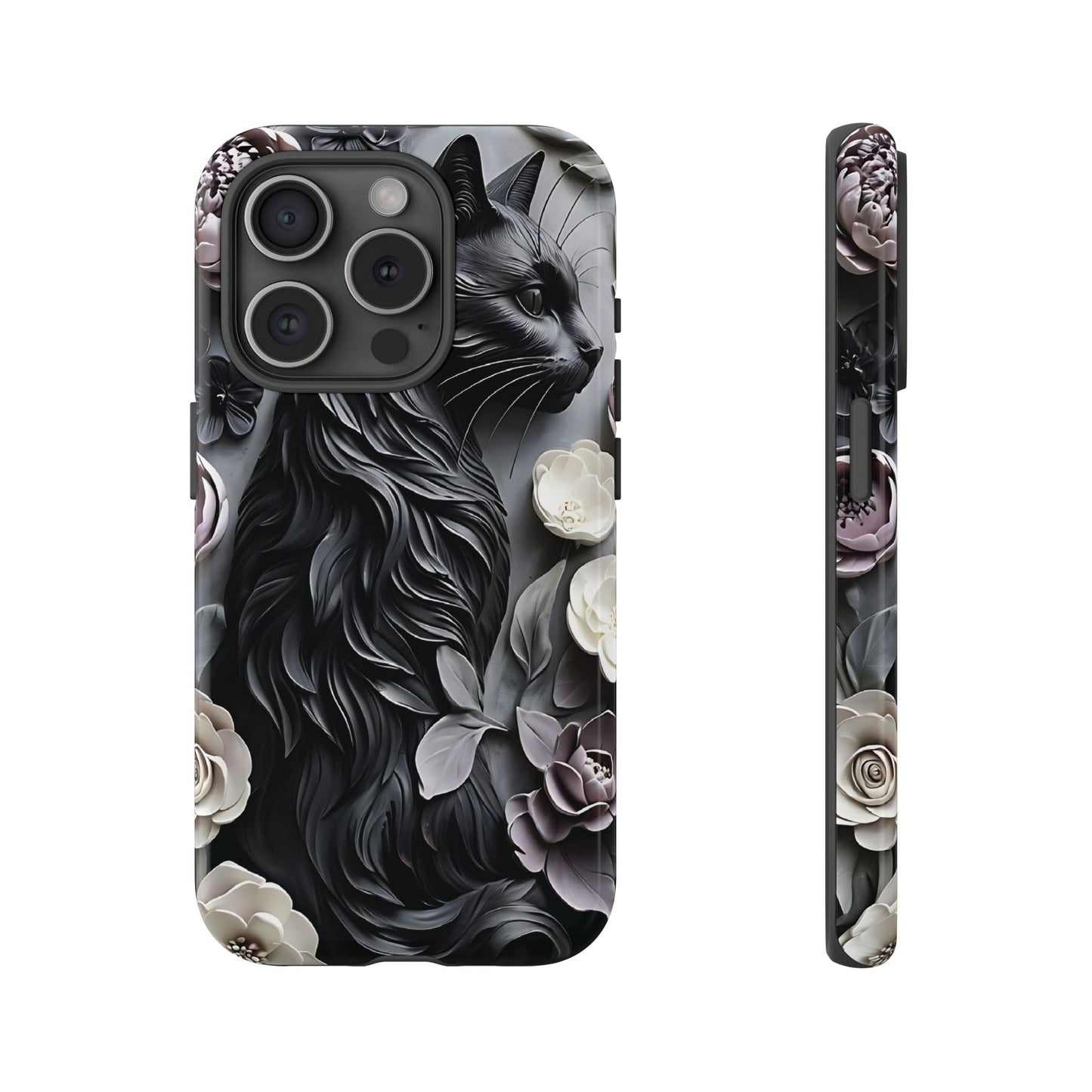 Intricate Bas-Relief Sculpture Of Black Cat Among Flowers phone case design