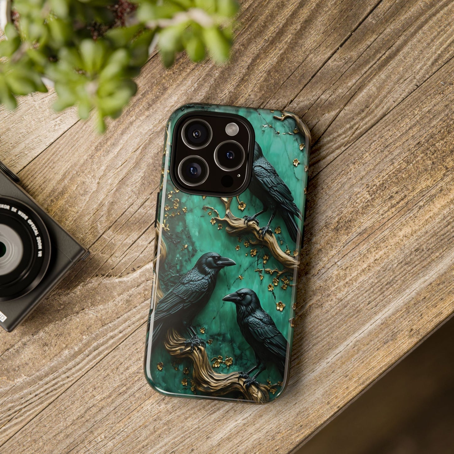 Three Black Ravens Perched On Gold-Accent Branches phone case design