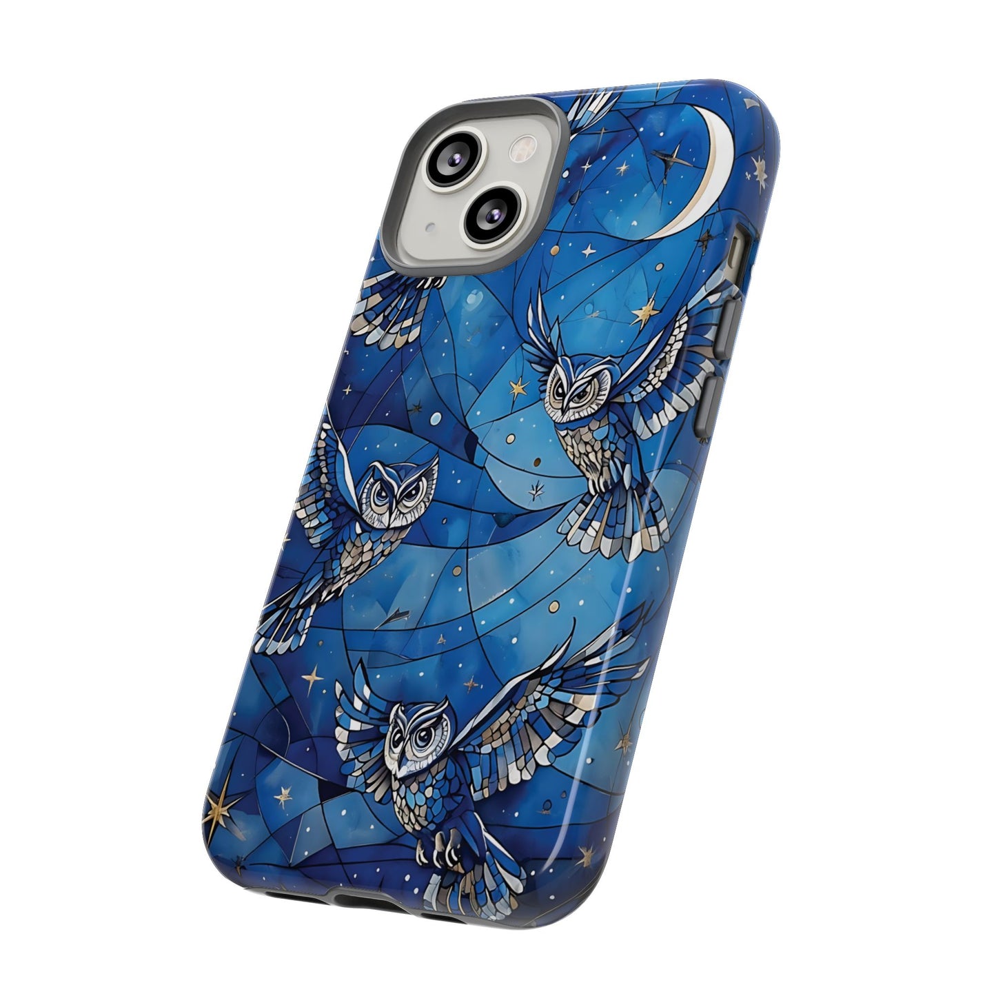 Surrealistic Owls Soaring Through A Celestial Night Sky phone case design.