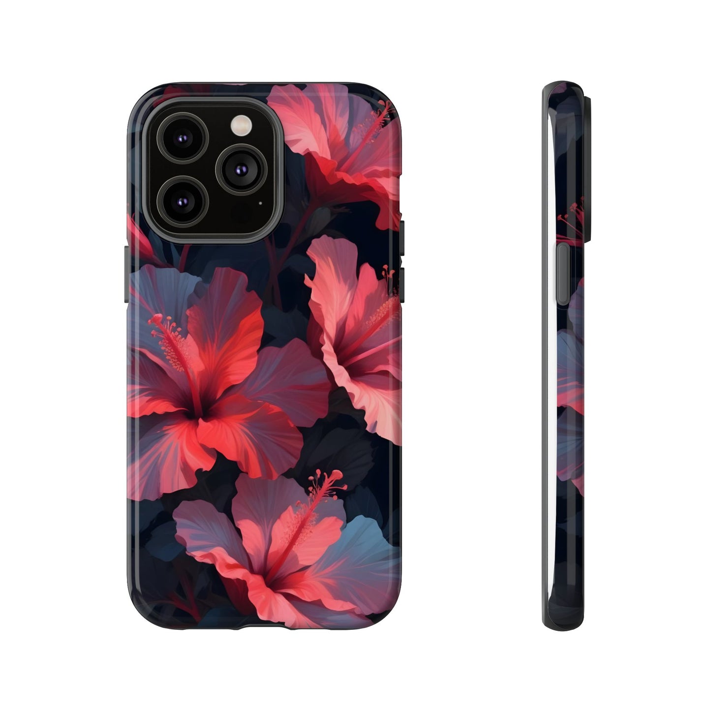 Vibrant red and pink hibiscus flowers blooming against a dark background| Floral phone case design