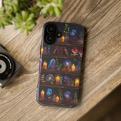 Fantasy Seamless Pattern Of Wooden Shelves Filled With Mystical Items phone case design.