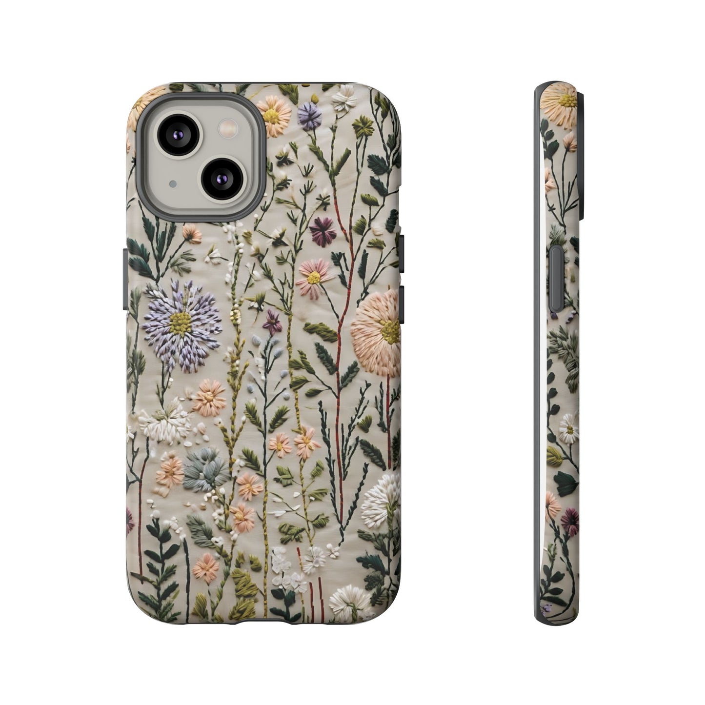 Intricate Embroidery Artwork Featuring Botanical Elements On Beige phone case design.