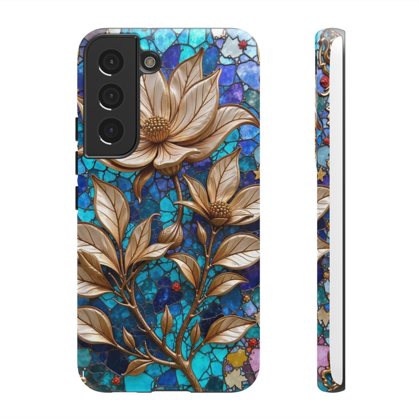 Golden Blossoms on Mosaic Blue Elegance