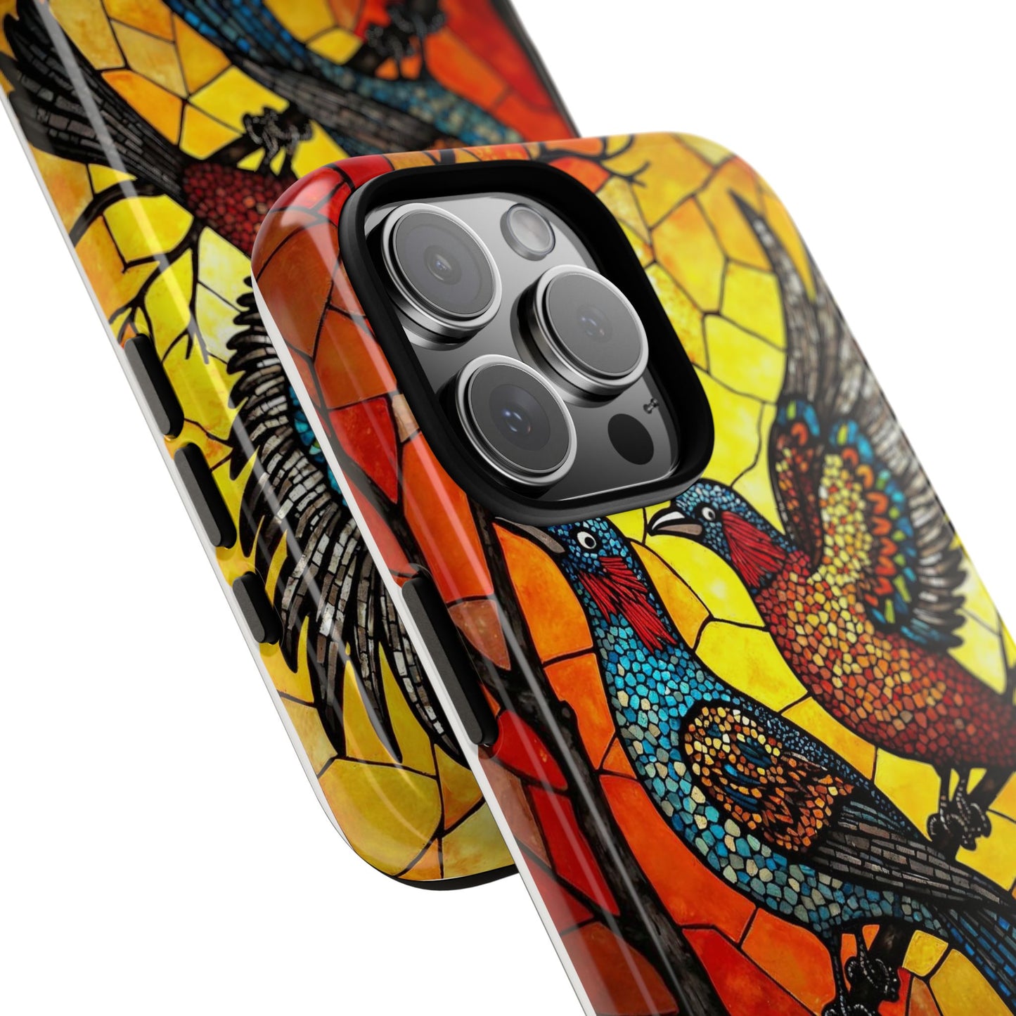 Vibrant Hummingbirds with Stained Glass Charm