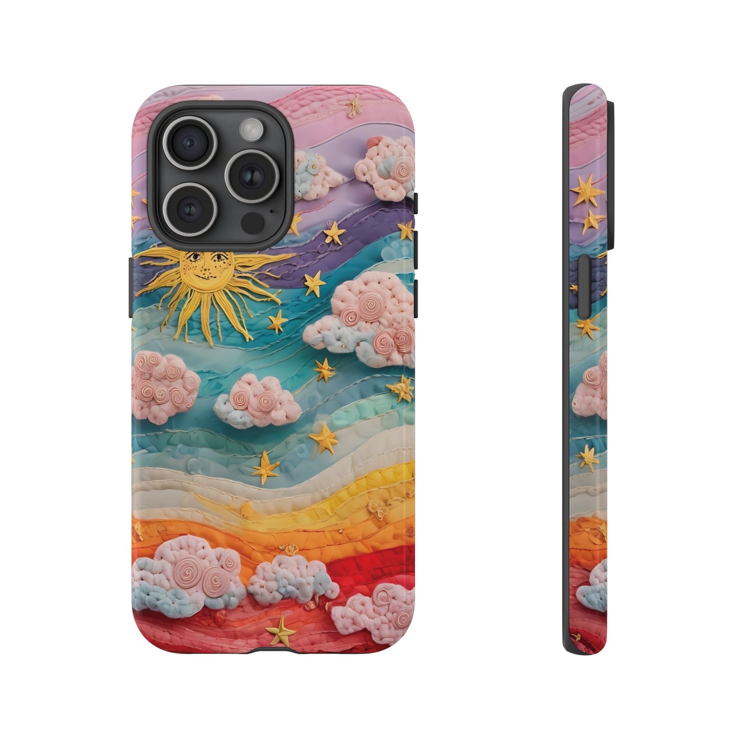 Whimsical Fiber Art Sky Scene With Dynamic Stripes And Clouds phone case design.