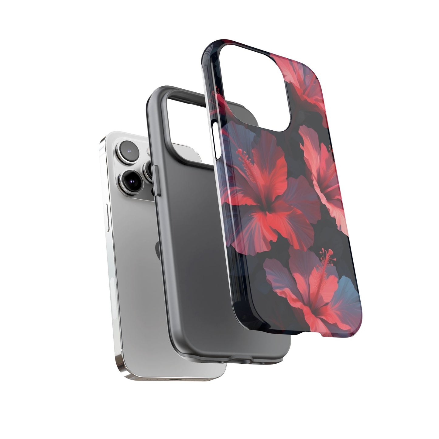 Vibrant red and pink hibiscus flowers blooming against a dark background| Floral phone case design