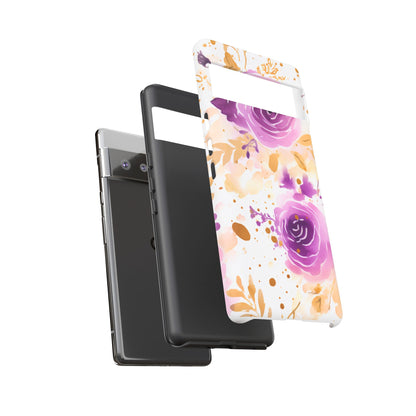 Purple Bloom Watercolor Mobile Case – Artistic Elegance in Gold & Lilac