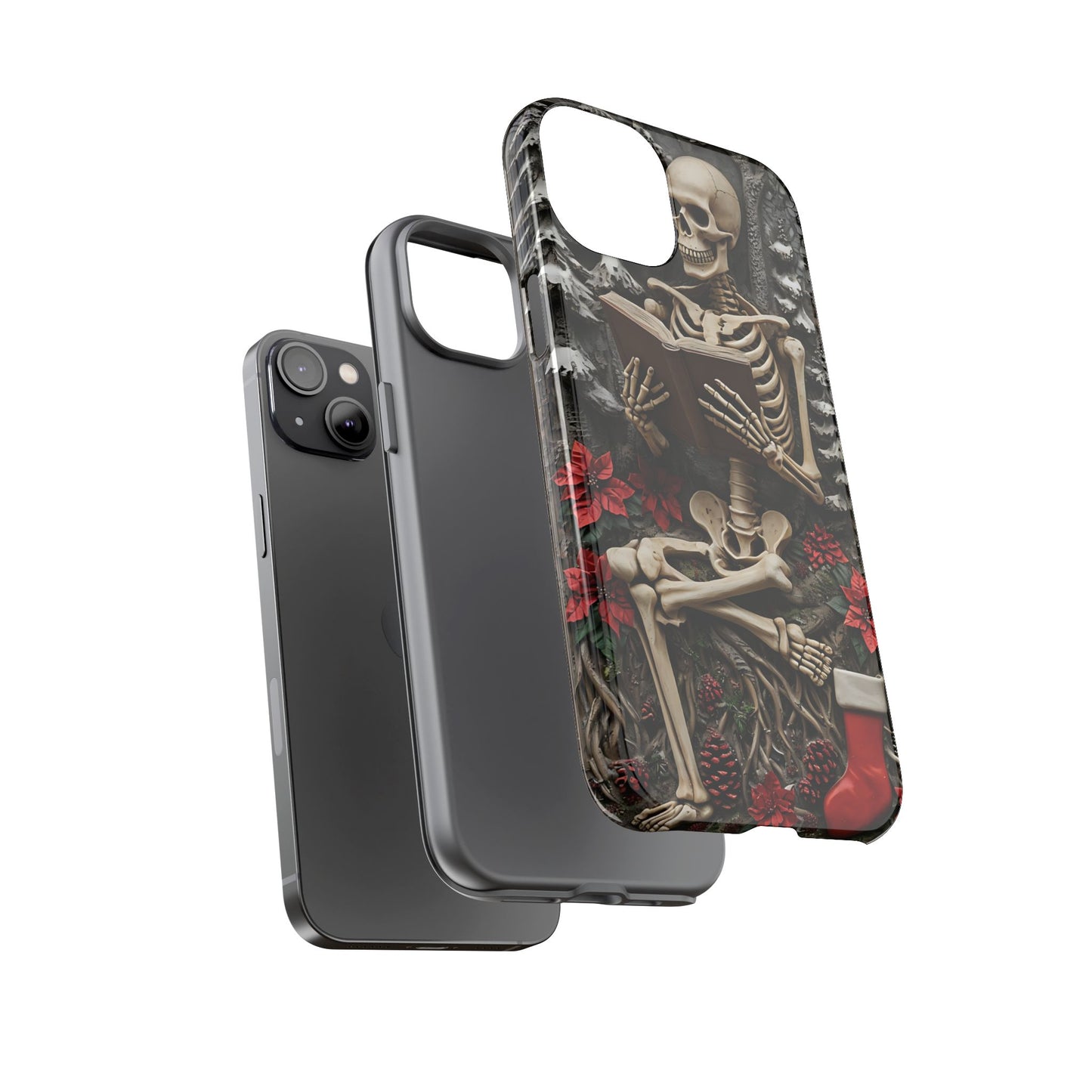 Surreal Relief Sculpture of Skeleton Reading Amidst Festive Decor phone case design