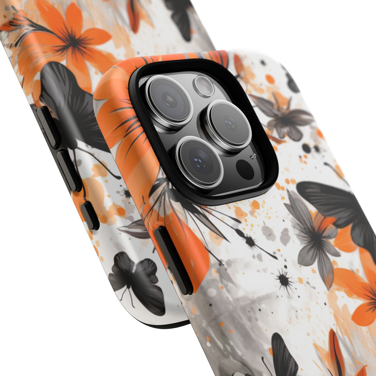 Bold Butterfly & Floral Splash Mobile Cover – Black & Orange Aesthetic