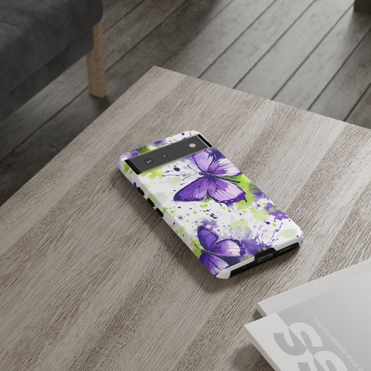 Vibrant Purple Butterfly Splash Mobile Cover – Artistic Green & Violet Aesthetic