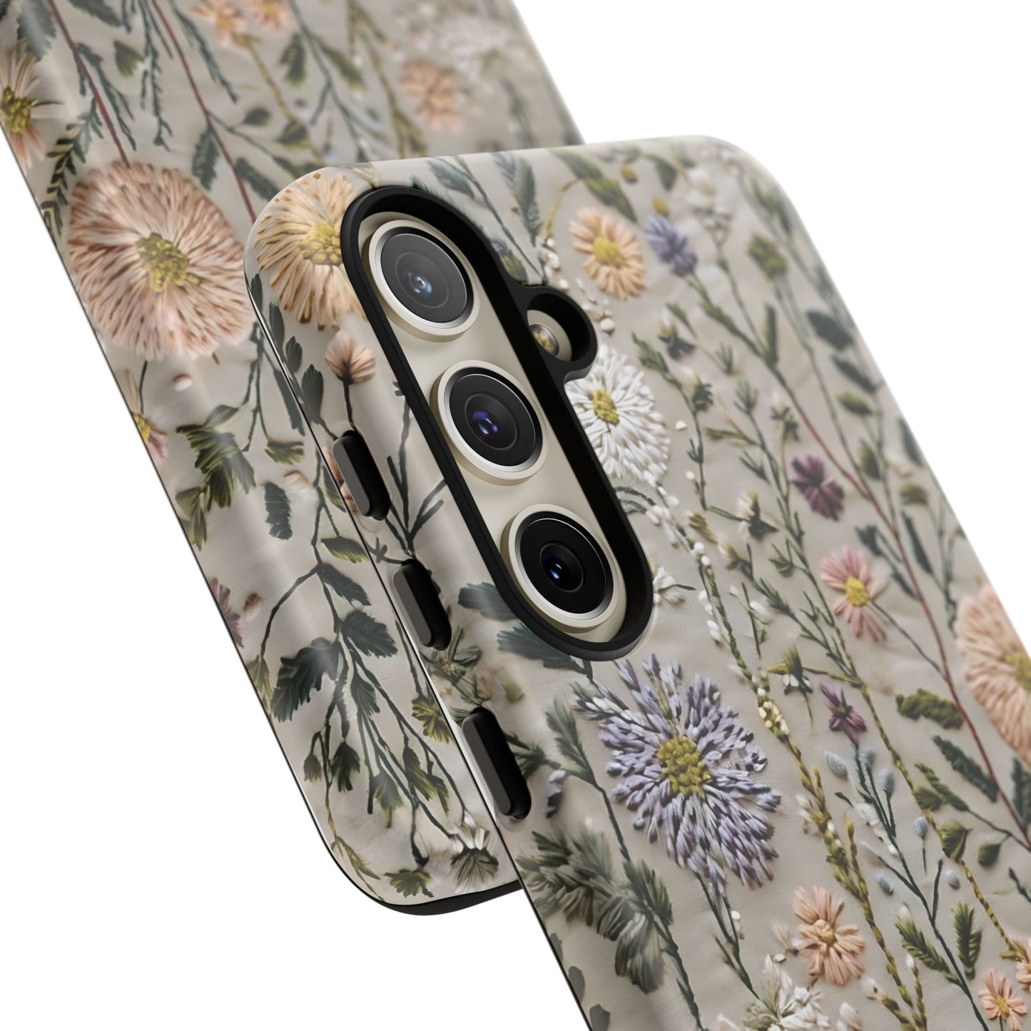 Intricate Embroidery Artwork Featuring Botanical Elements On Beige phone case design.