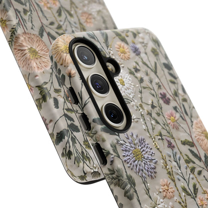 Intricate Embroidery Artwork Featuring Botanical Elements On Beige phone case design.