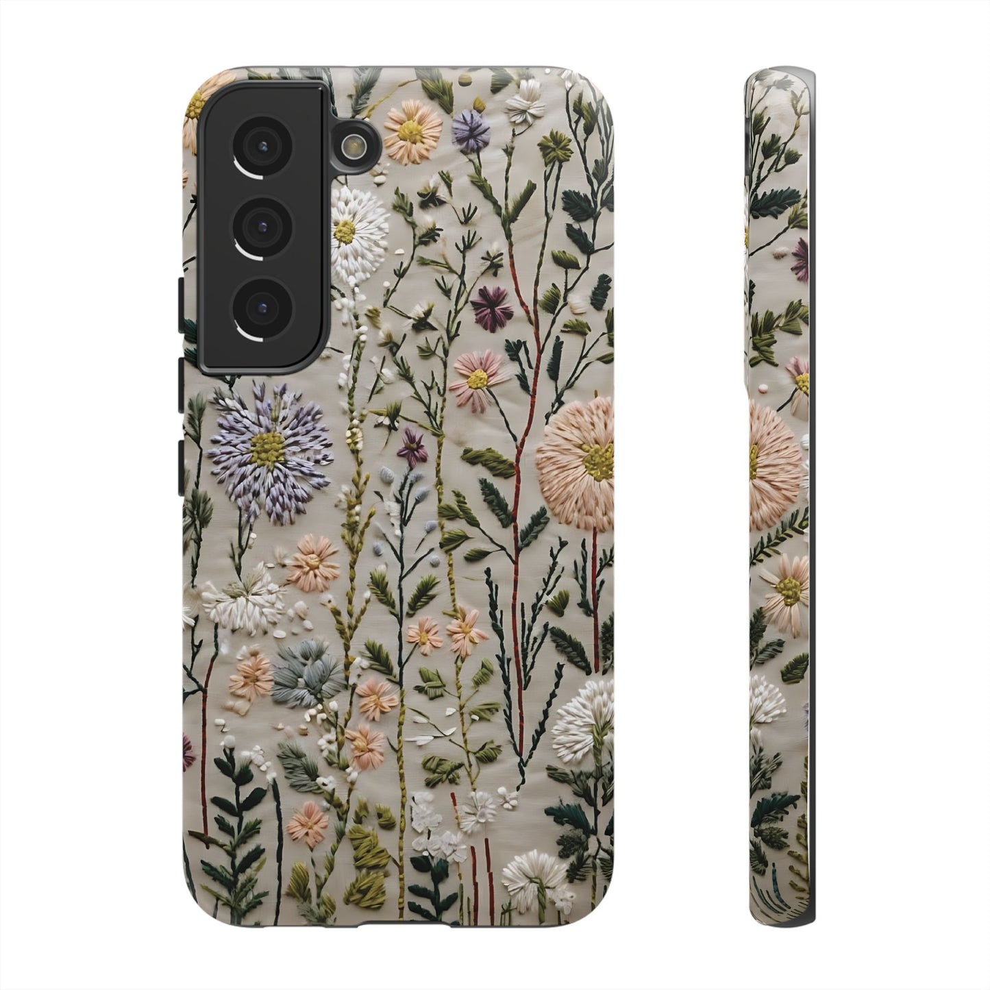 Intricate Embroidery Artwork Featuring Botanical Elements On Beige phone case design.