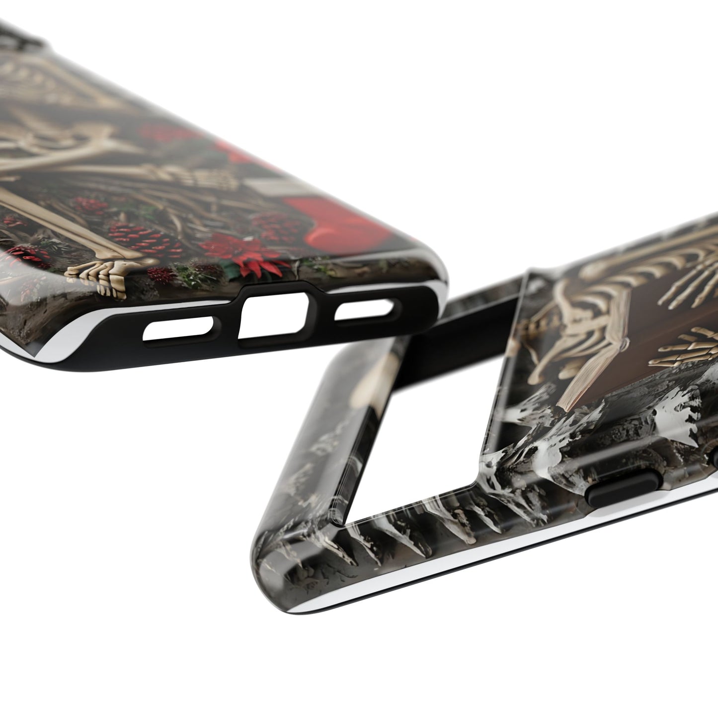 Surreal Relief Sculpture of Skeleton Reading Amidst Festive Decor phone case design