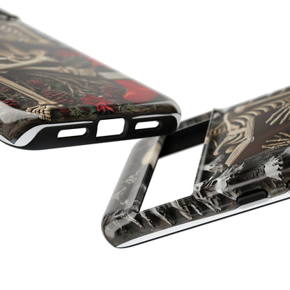 Surreal Relief Sculpture of Skeleton Reading Amidst Festive Decor phone case design