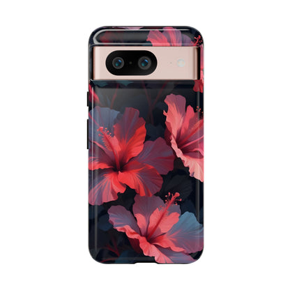 Vibrant red and pink hibiscus flowers blooming against a dark background| Floral phone case design
