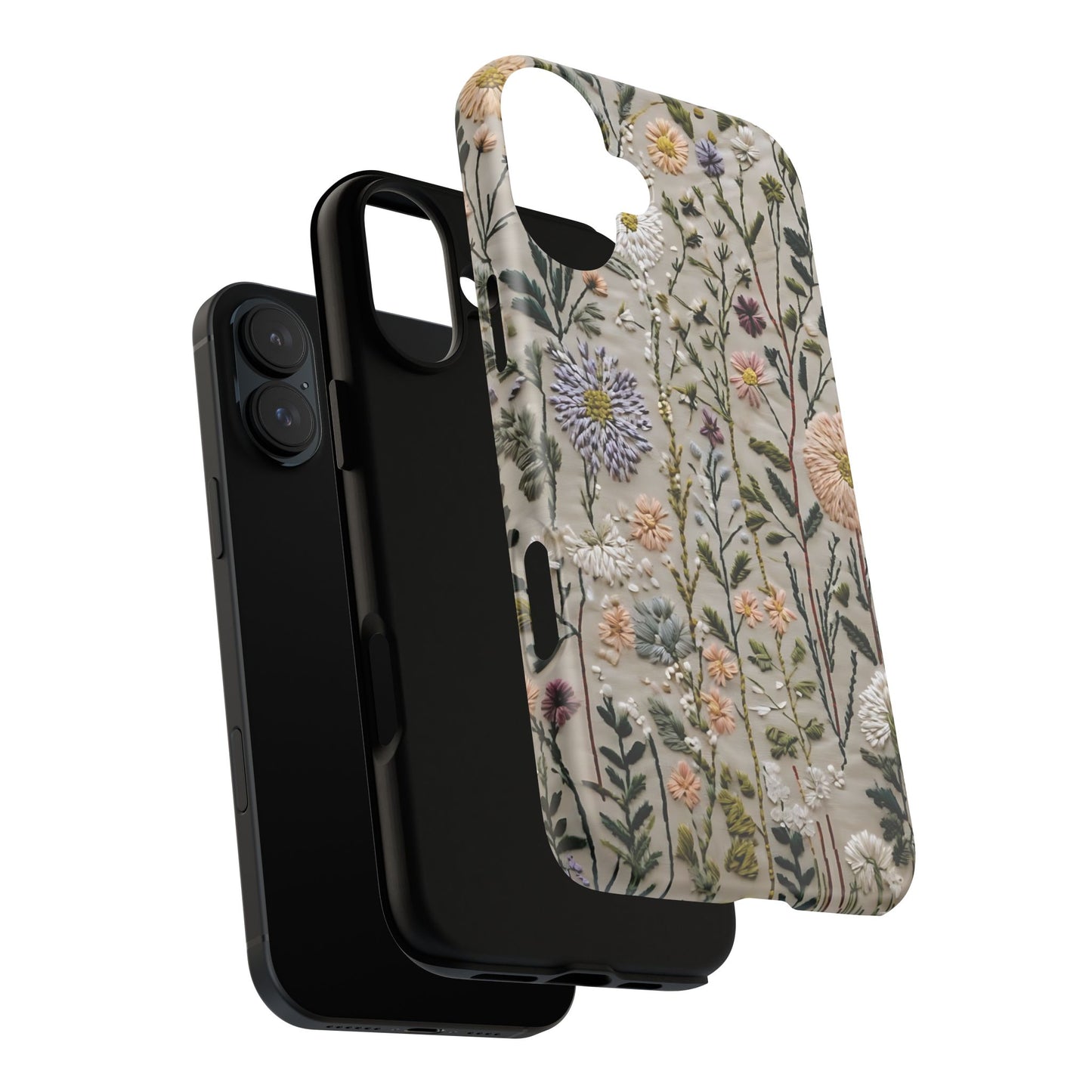 Intricate Embroidery Artwork Featuring Botanical Elements On Beige phone case design.