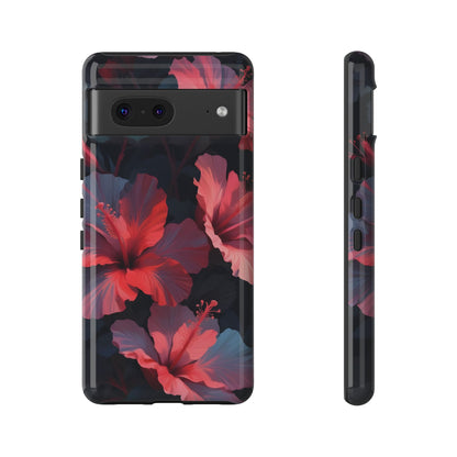 Vibrant red and pink hibiscus flowers blooming against a dark background| Floral phone case design
