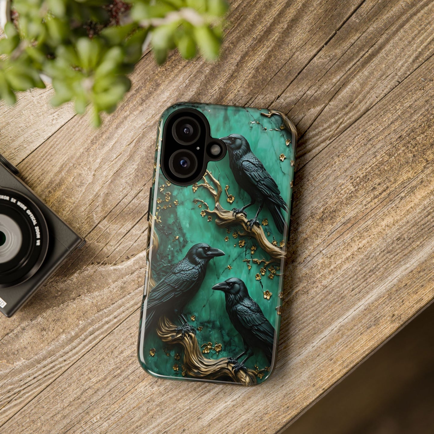 Three Black Ravens Perched On Gold-Accent Branches phone case design