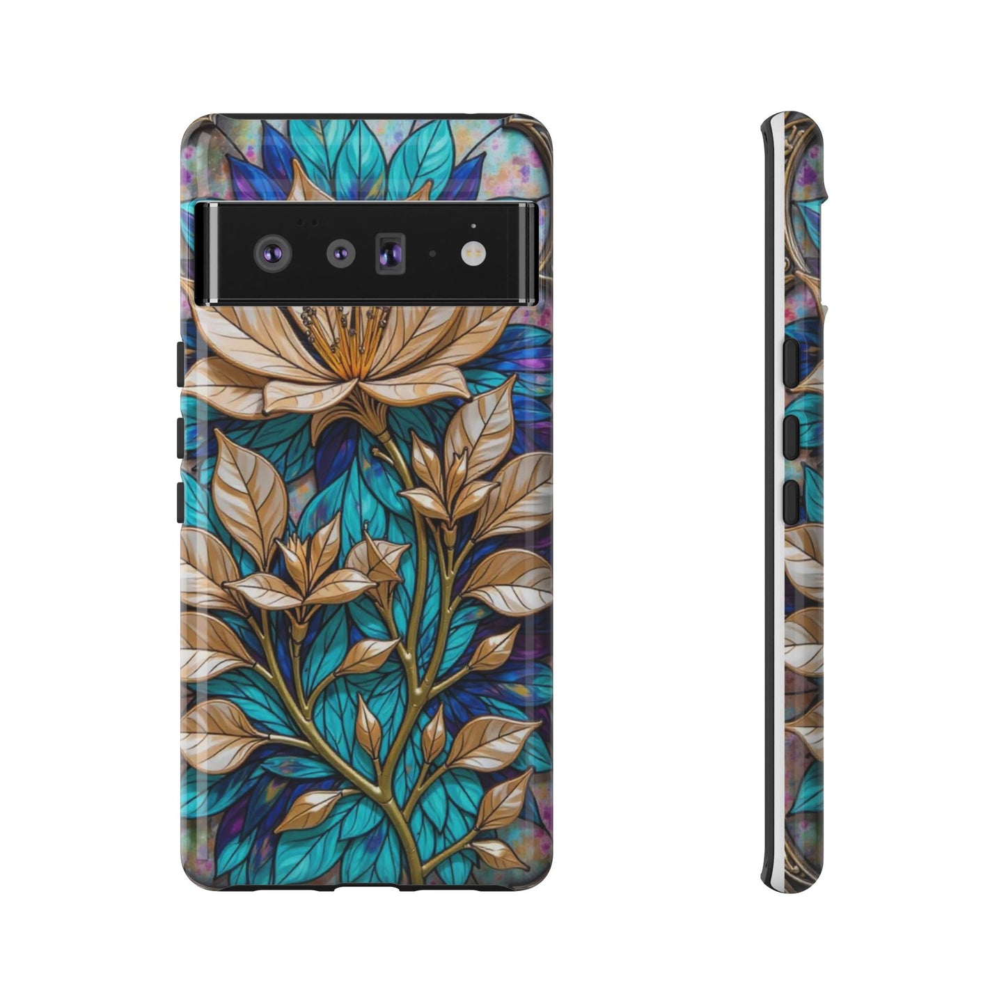 Majestic Golden Blossoms on Mosaic Blue Splendor
