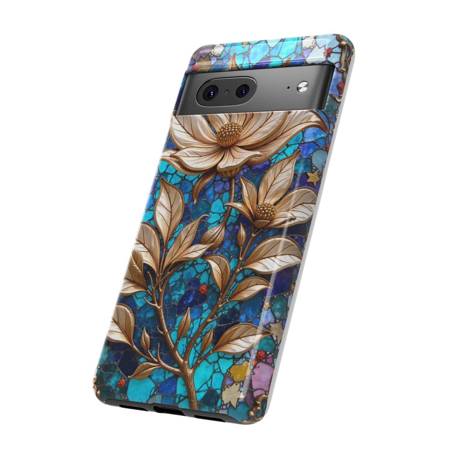 Golden Blossoms on Mosaic Blue Elegance