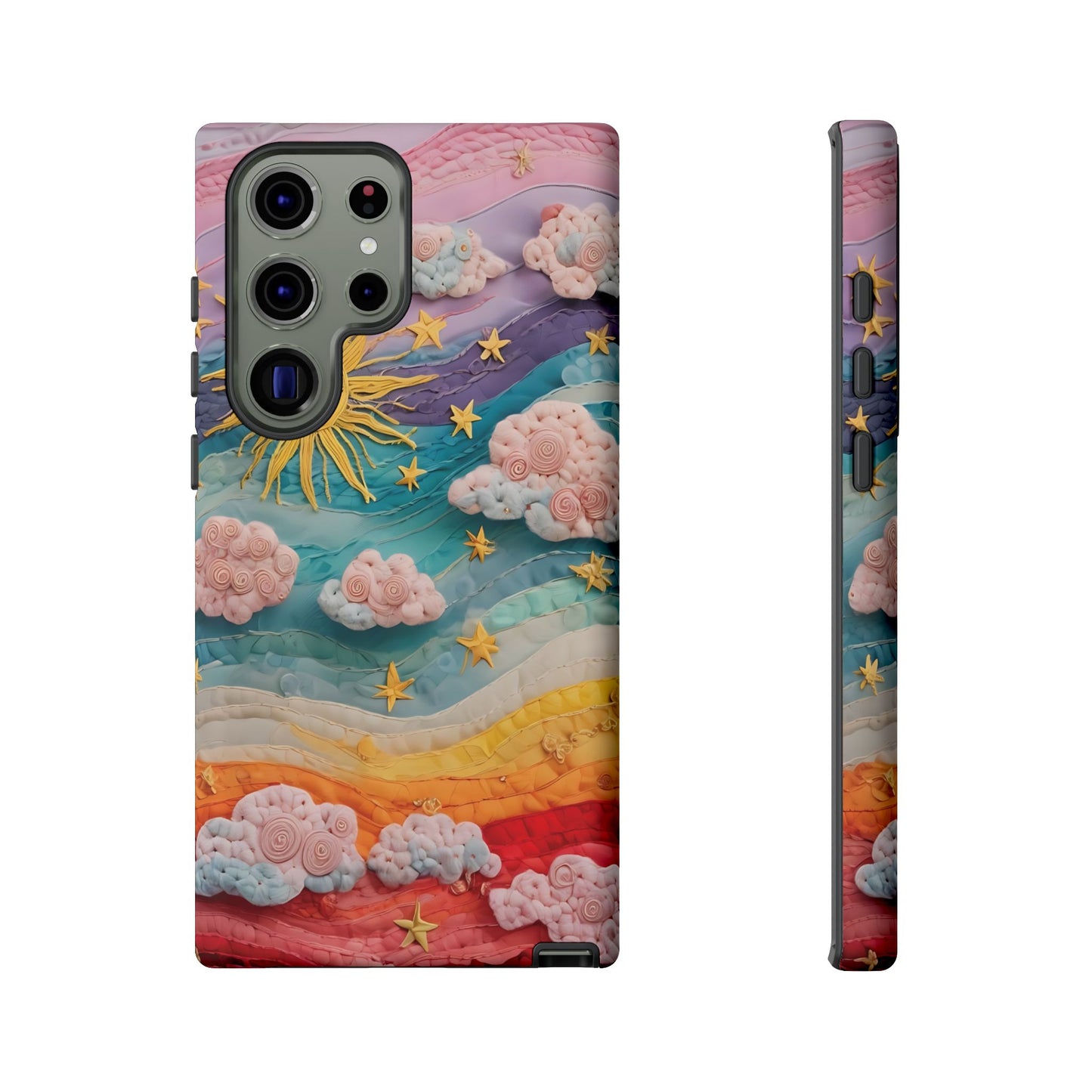 Whimsical Fiber Art Sky Scene With Dynamic Stripes And Clouds phone case design.
