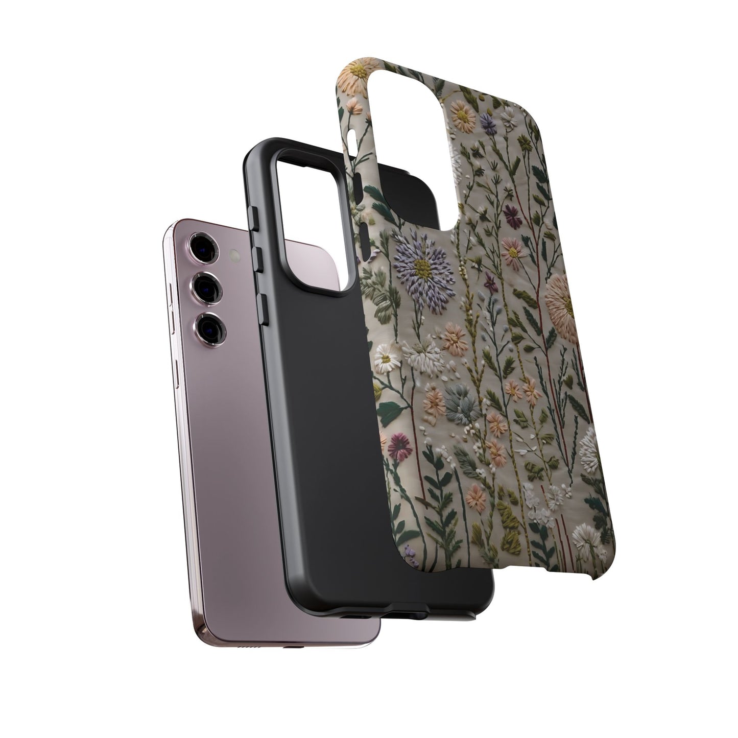 Intricate Embroidery Artwork Featuring Botanical Elements On Beige phone case design.