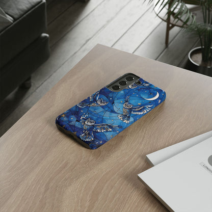 Surrealistic Owls Soaring Through A Celestial Night Sky phone case design.