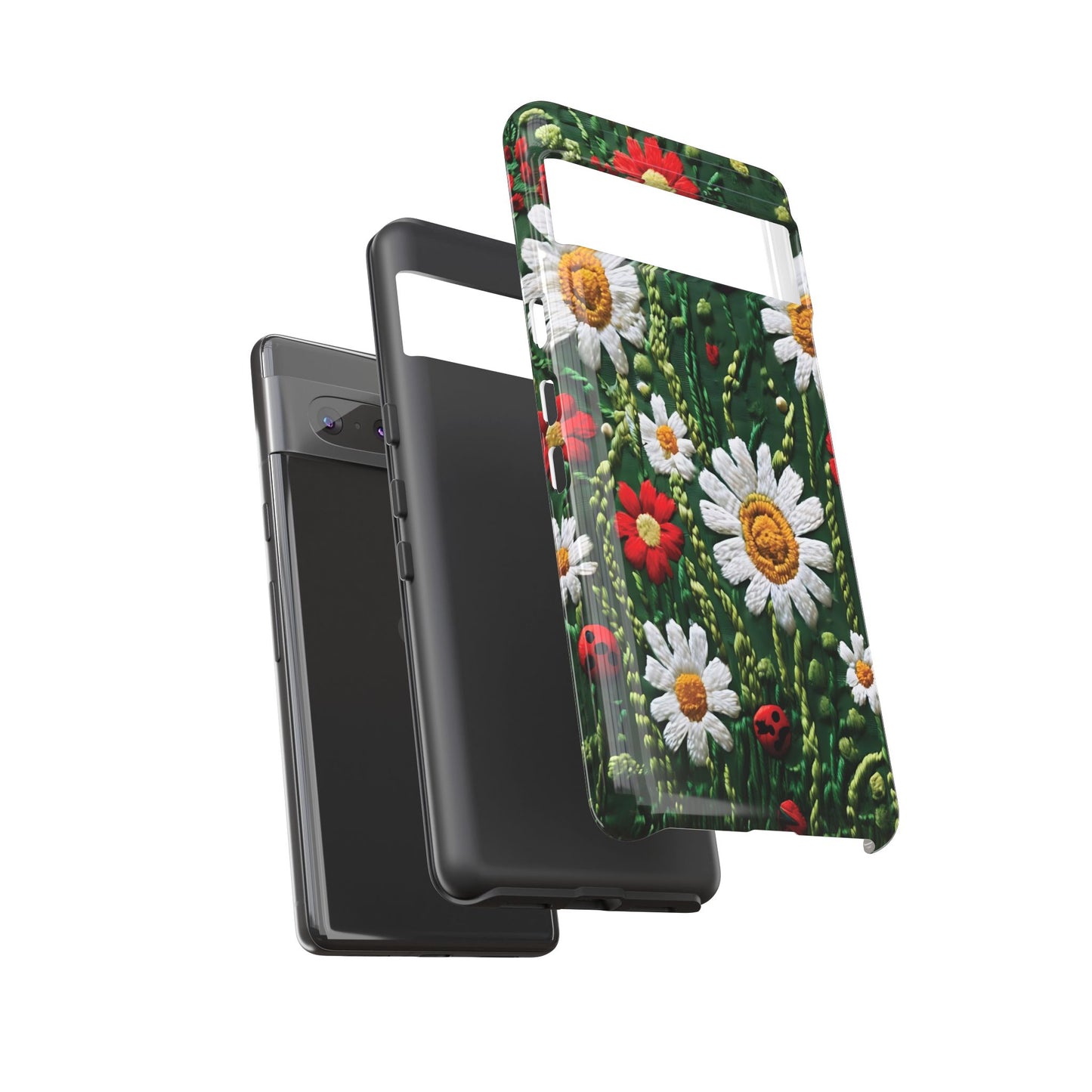 Intricate Embroidered Fabric Featuring Daisies And Ladybugs phone case design