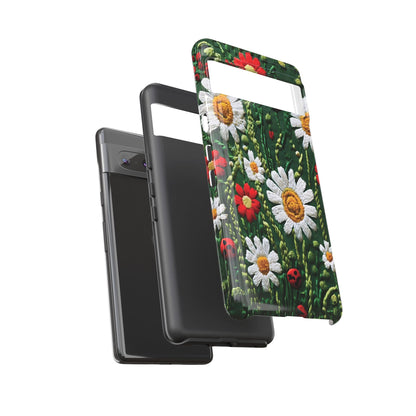 Intricate Embroidered Fabric Featuring Daisies And Ladybugs phone case design