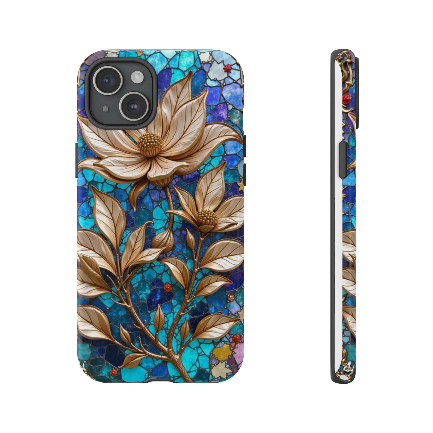 Golden Blossoms on Mosaic Blue Elegance