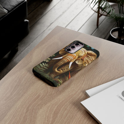 Golden Jungle Elephant Mobile Cover – Intricate Paper Art Design