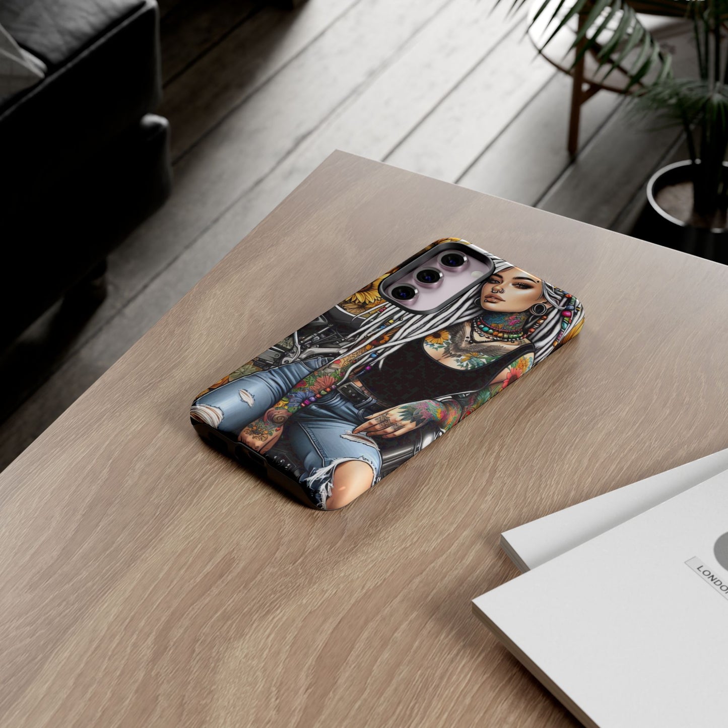 Sunflower Biker Queen – Bohemian Tattooed Rebel Mobile Cover