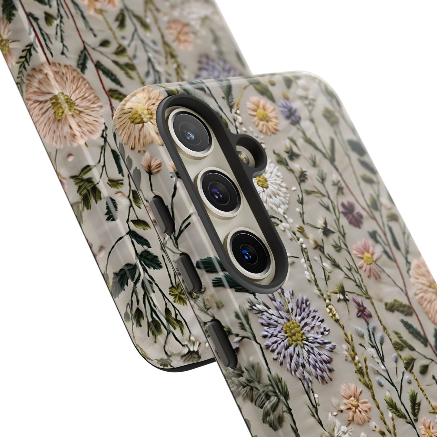 Intricate Embroidery Artwork Featuring Botanical Elements On Beige phone case design.