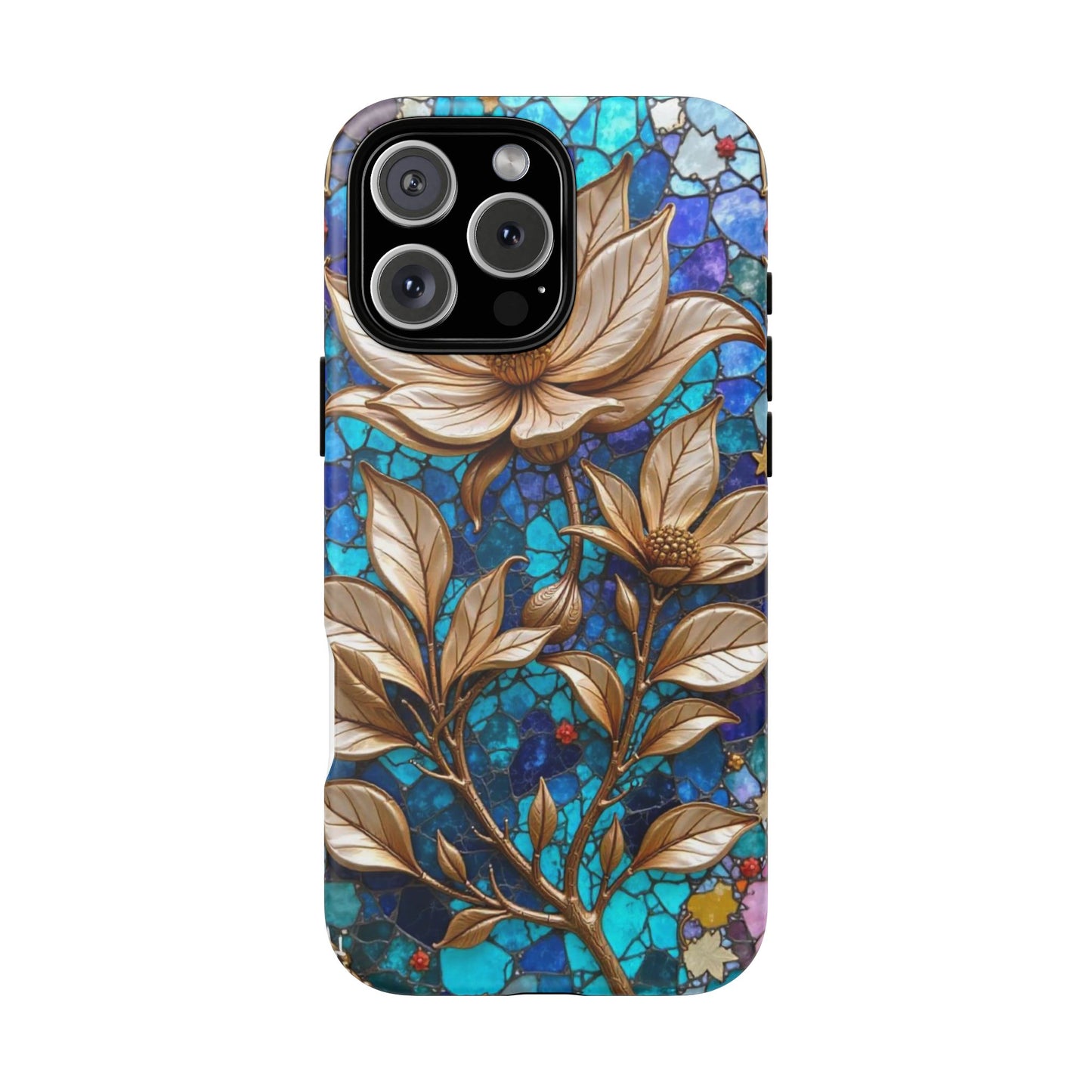 Golden Blossoms on Mosaic Blue Elegance