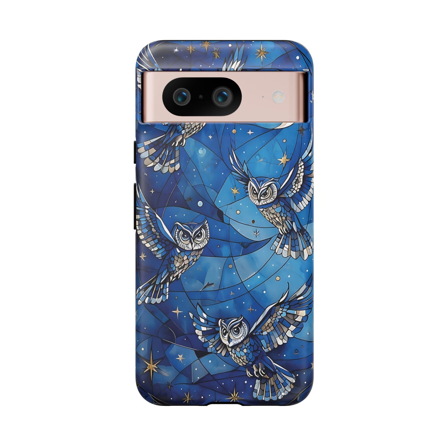 Surrealistic Owls Soaring Through A Celestial Night Sky phone case design.