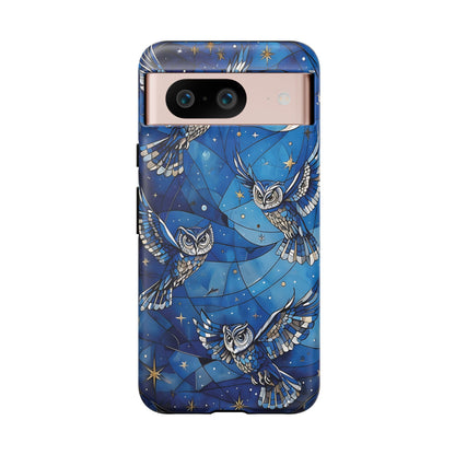 Surrealistic Owls Soaring Through A Celestial Night Sky phone case design.