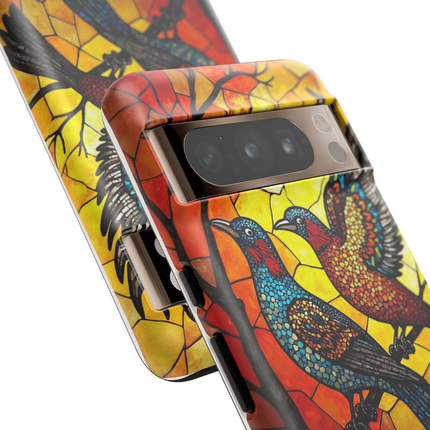 Vibrant Hummingbirds with Stained Glass Charm