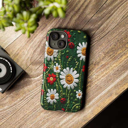 Intricate Embroidered Fabric Featuring Daisies And Ladybugs phone case design