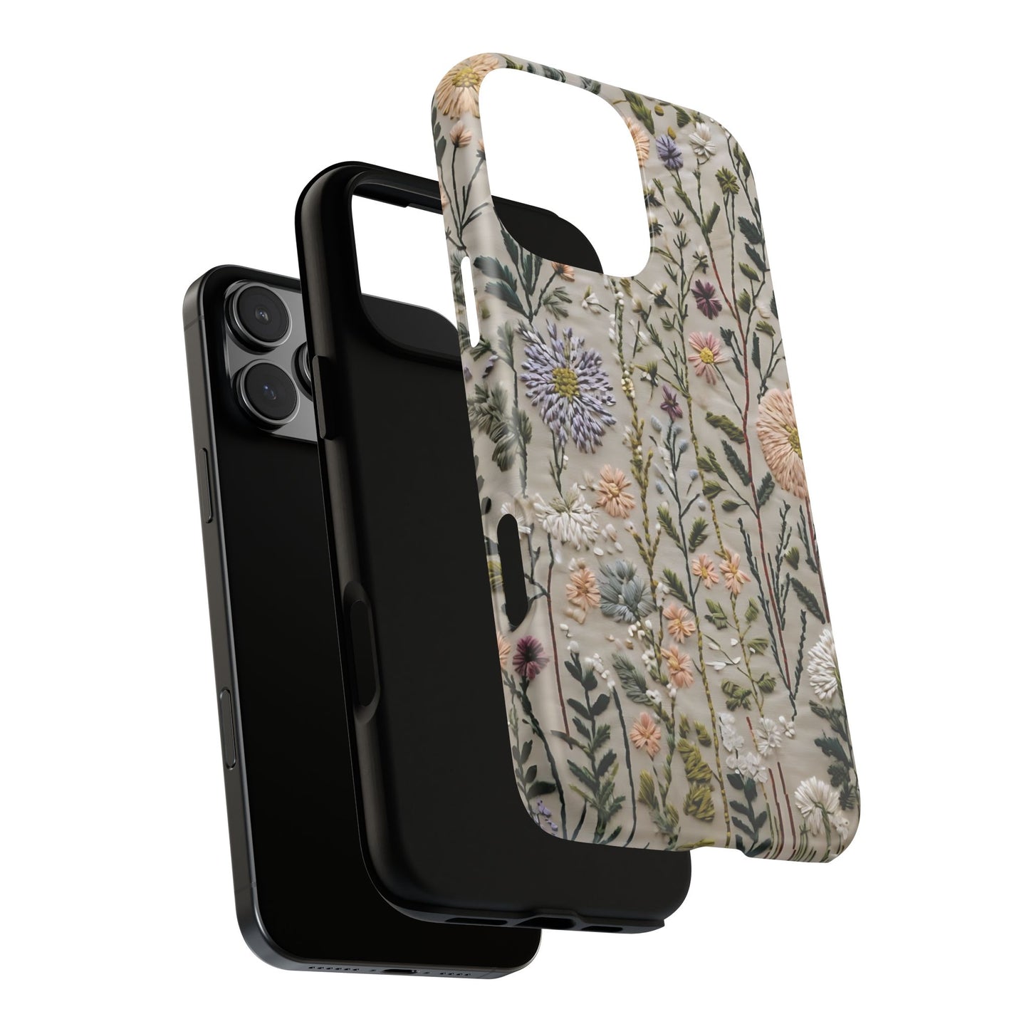 Intricate Embroidery Artwork Featuring Botanical Elements On Beige phone case design.