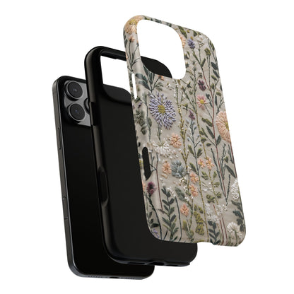 Intricate Embroidery Artwork Featuring Botanical Elements On Beige phone case design.
