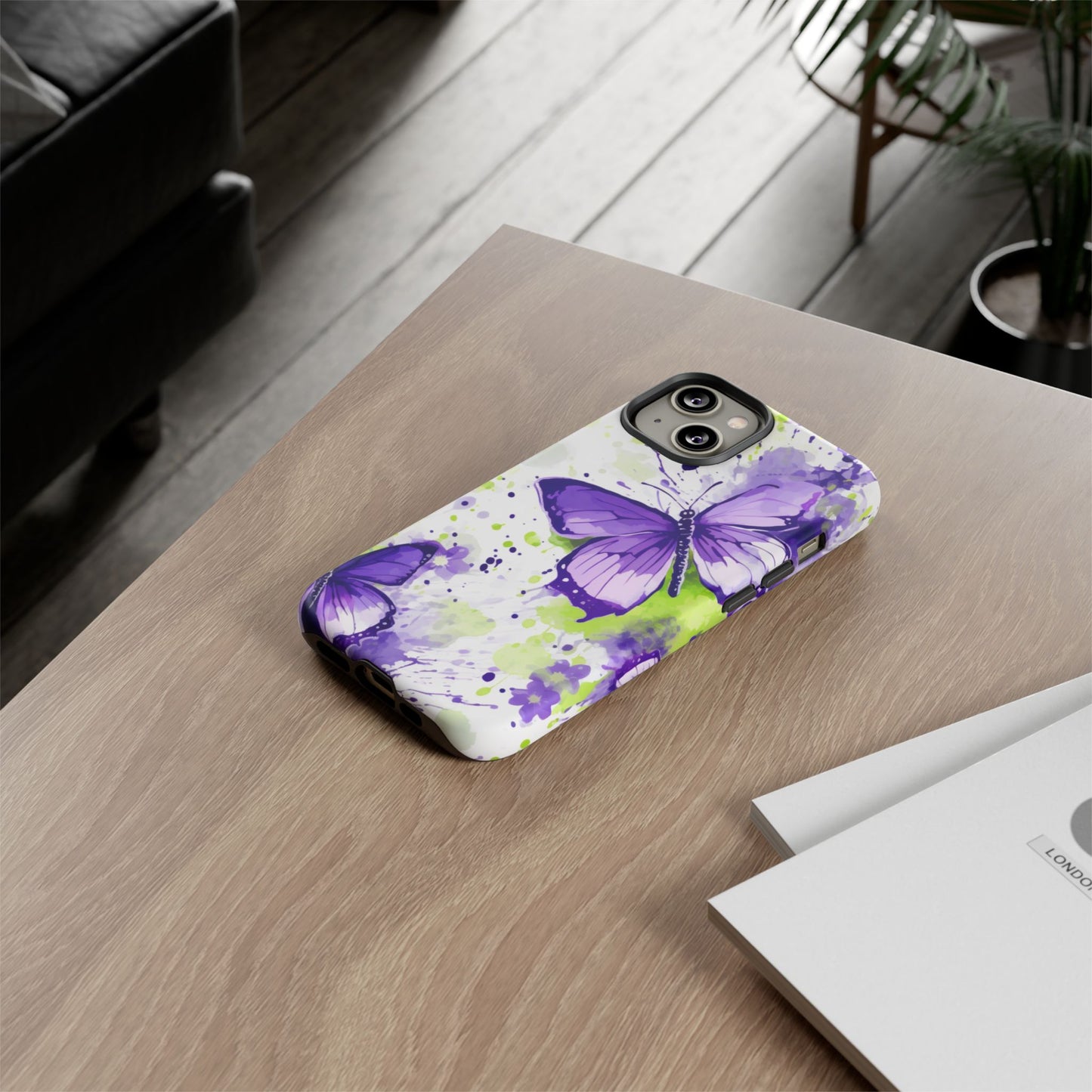 Vibrant Purple Butterfly Splash Mobile Cover – Artistic Green & Violet Aesthetic