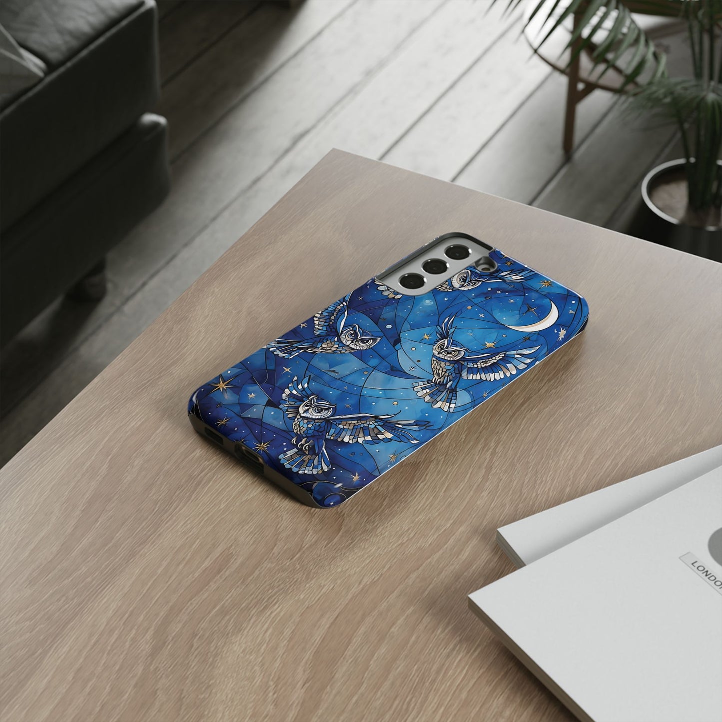 Surrealistic Owls Soaring Through A Celestial Night Sky phone case design.