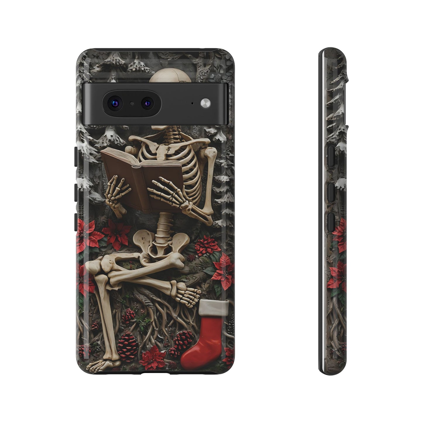 Surreal Relief Sculpture of Skeleton Reading Amidst Festive Decor phone case design