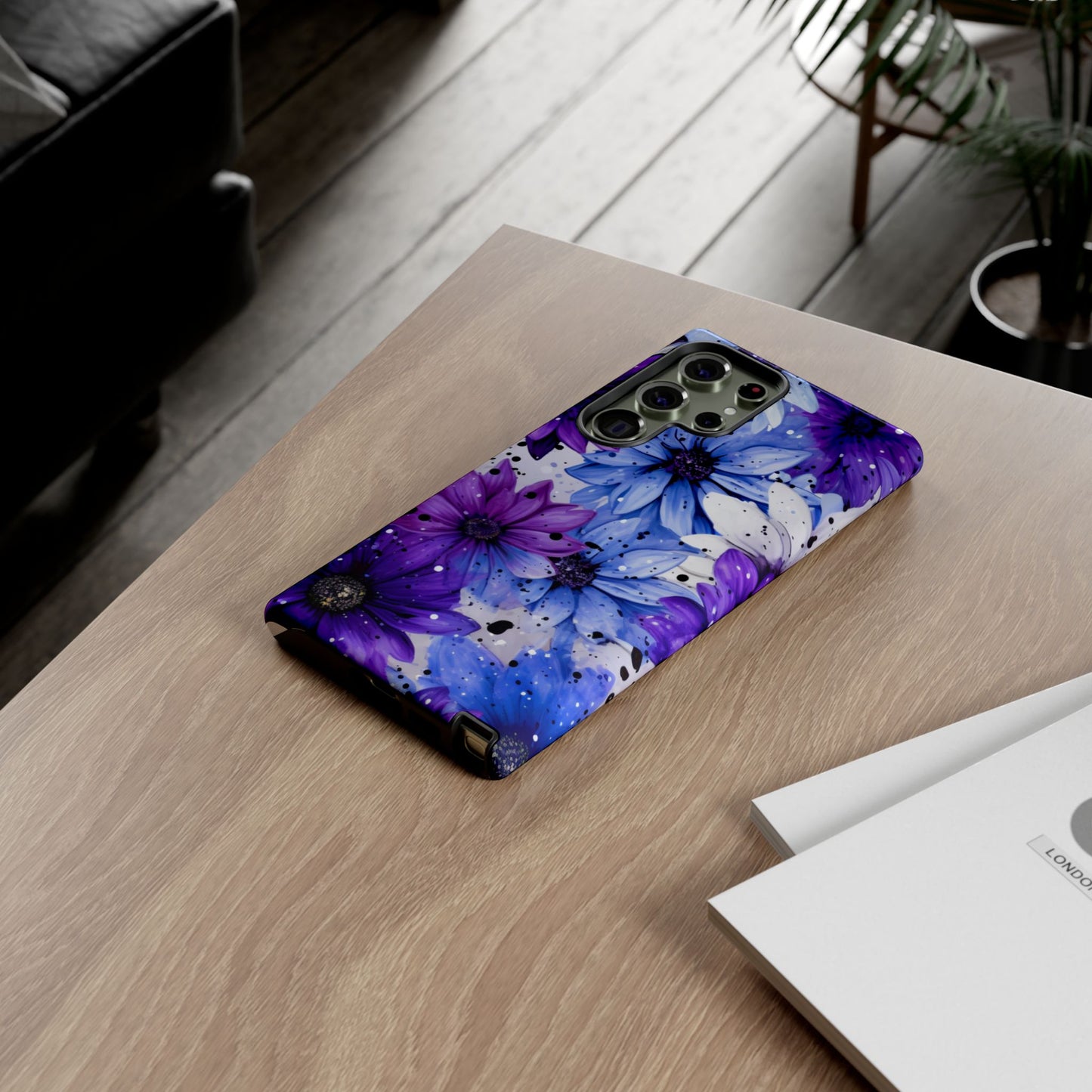 Blue & Purple Floral Splash Mobile Cover – Elegant Artistic Flowers