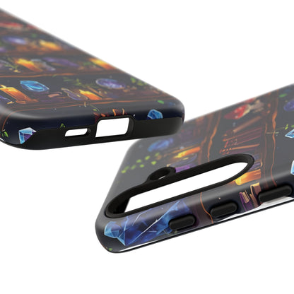 Fantasy Seamless Pattern Of Wooden Shelves Filled With Mystical Items phone case design.
