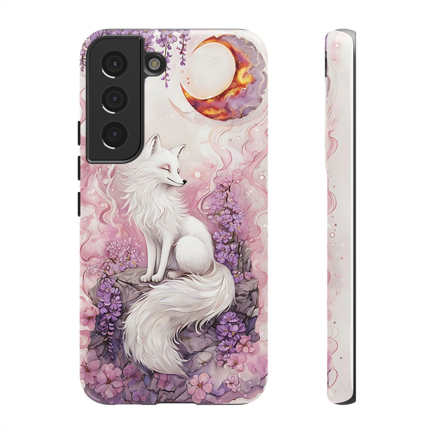 Whimsical White Fox Surrounded By Lavender And Pink Blooms phone case design.