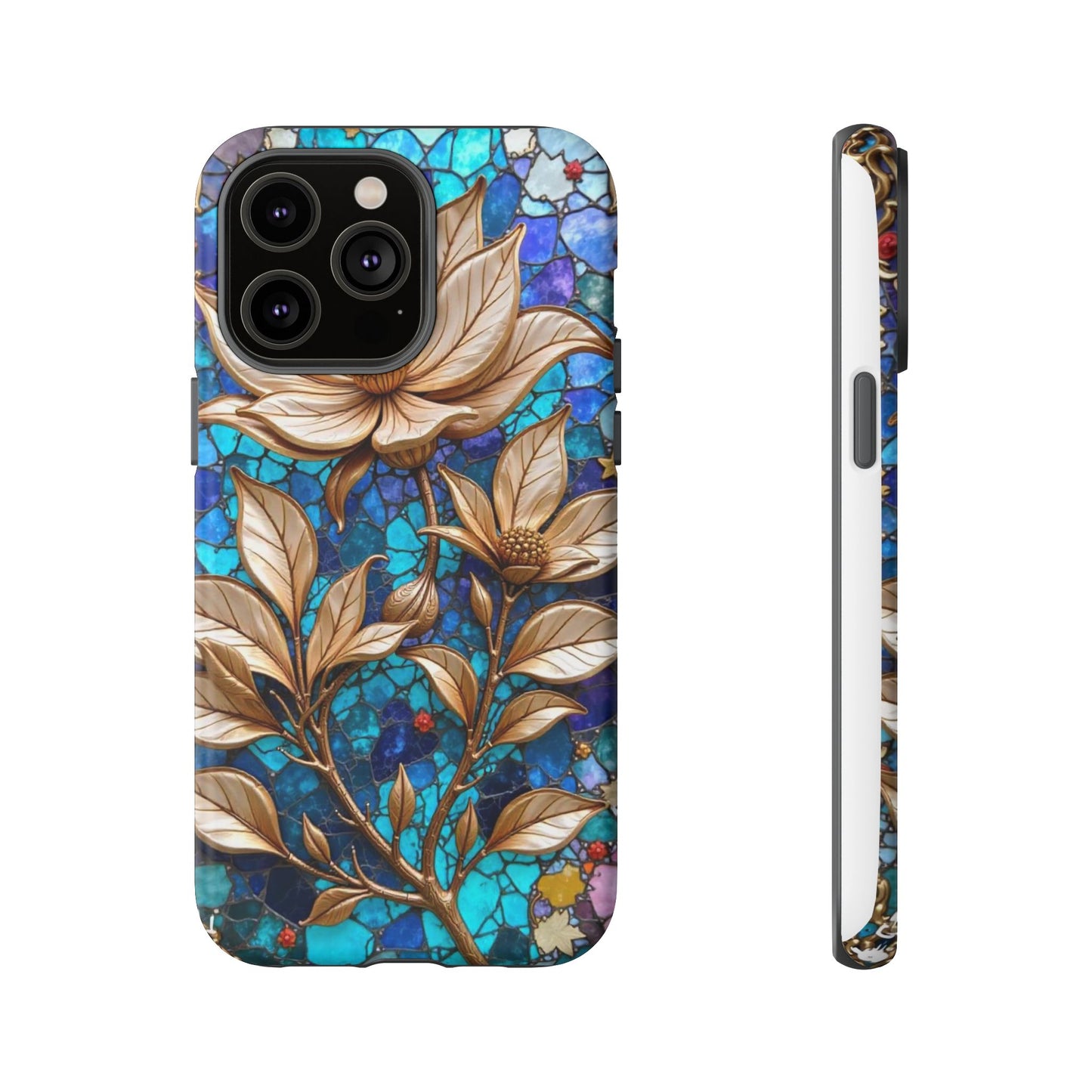 Golden Blossoms on Mosaic Blue Elegance