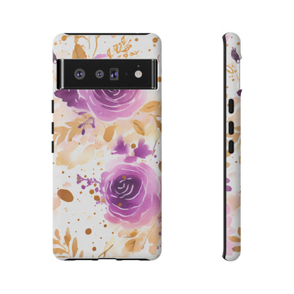 Purple Bloom Watercolor Mobile Case – Artistic Elegance in Gold & Lilac